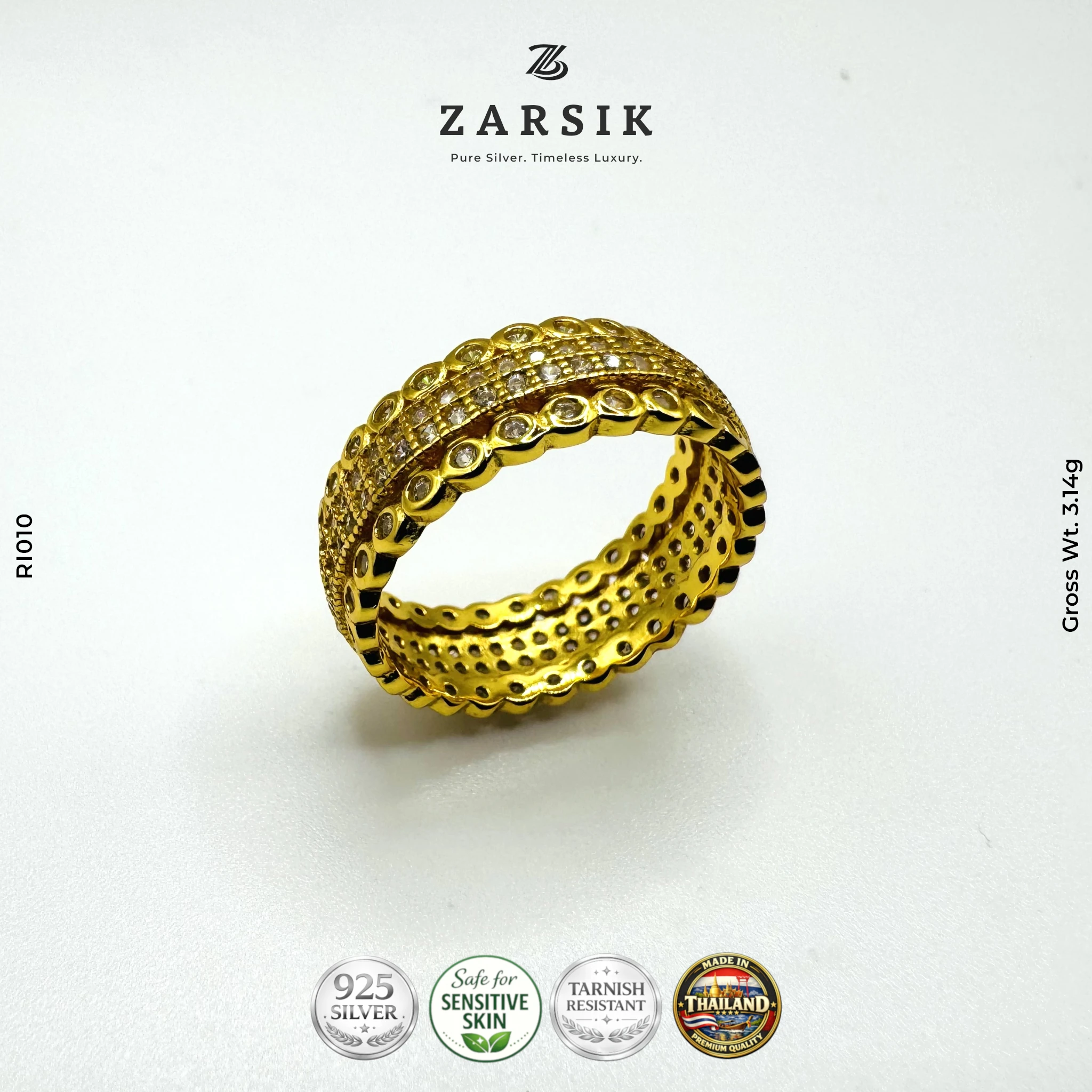 RI010 - Radiant Pure Silver CZ Ribbon Ring – Gold Plated | Thailand Radiant Pure Silver CZ Ribbon Ring – Gold Plated | Thailand