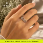 Woman wearing a handcrafted sterling silver and cubic zirconia band ring for a cocktail event.