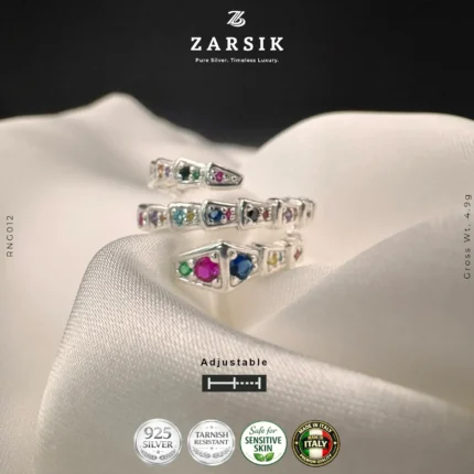 Adjustable 925 silver multi-gemstone serpentine spiral ring in Rhodium-plated finish on plain background