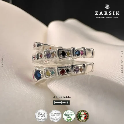 Adjustable 925 silver multi-gemstone serpentine spiral ring in Rhodium-plated finish on plain background