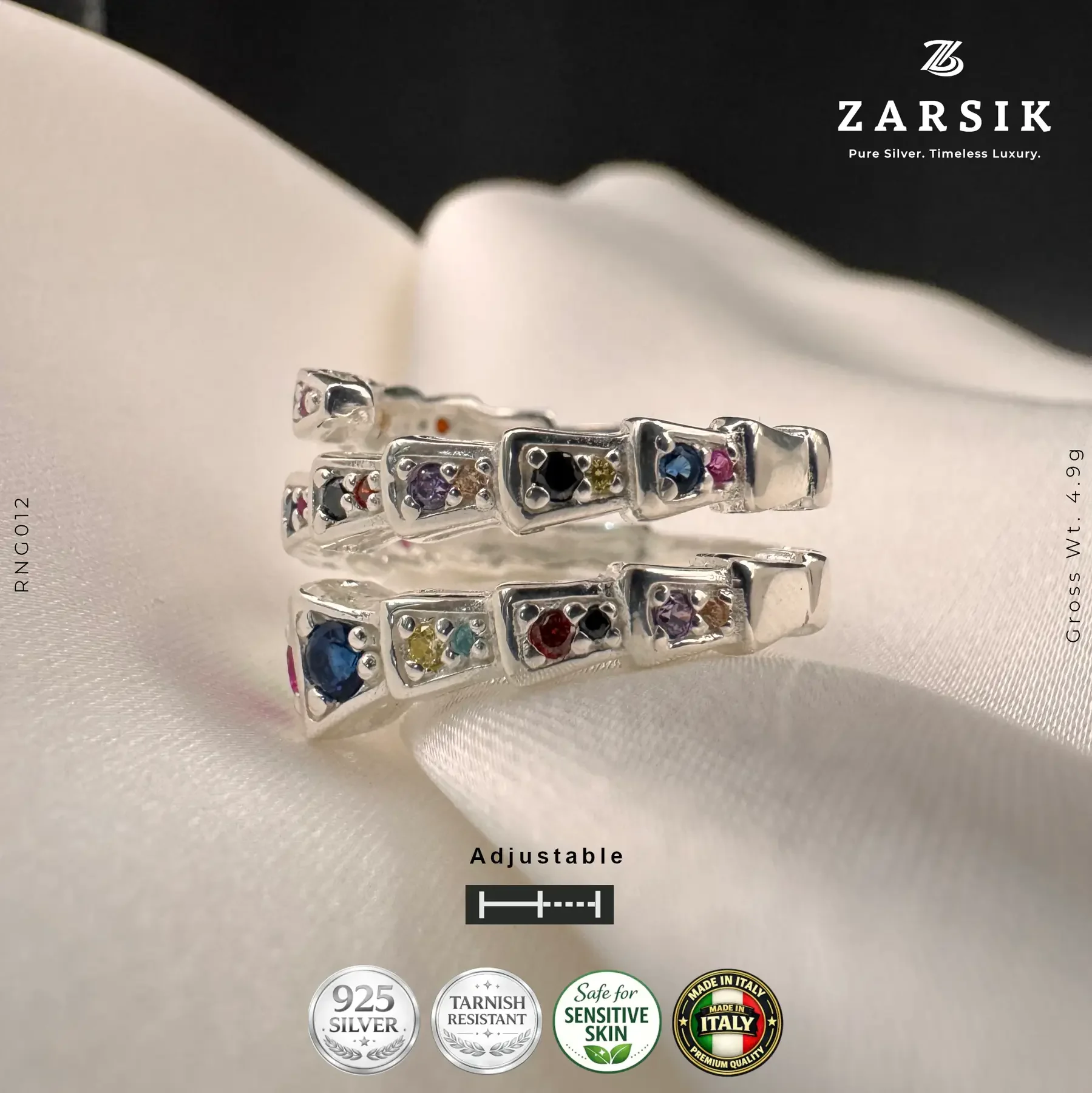 RI012_2 Adjustable 925 silver multi-gemstone serpentine spiral ring in Rhodium-plated finish on plain background