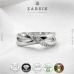 Italian 925 sterling silver Moissanite crossover ring with rhodium plated polished and textured bands