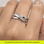 Woman wearing Italian 925 sterling silver Moissanite crossover ring with elegant modern styling