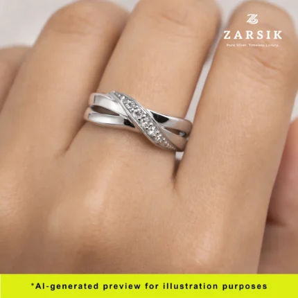 Woman wearing Italian 925 sterling silver Moissanite crossover ring with elegant modern styling