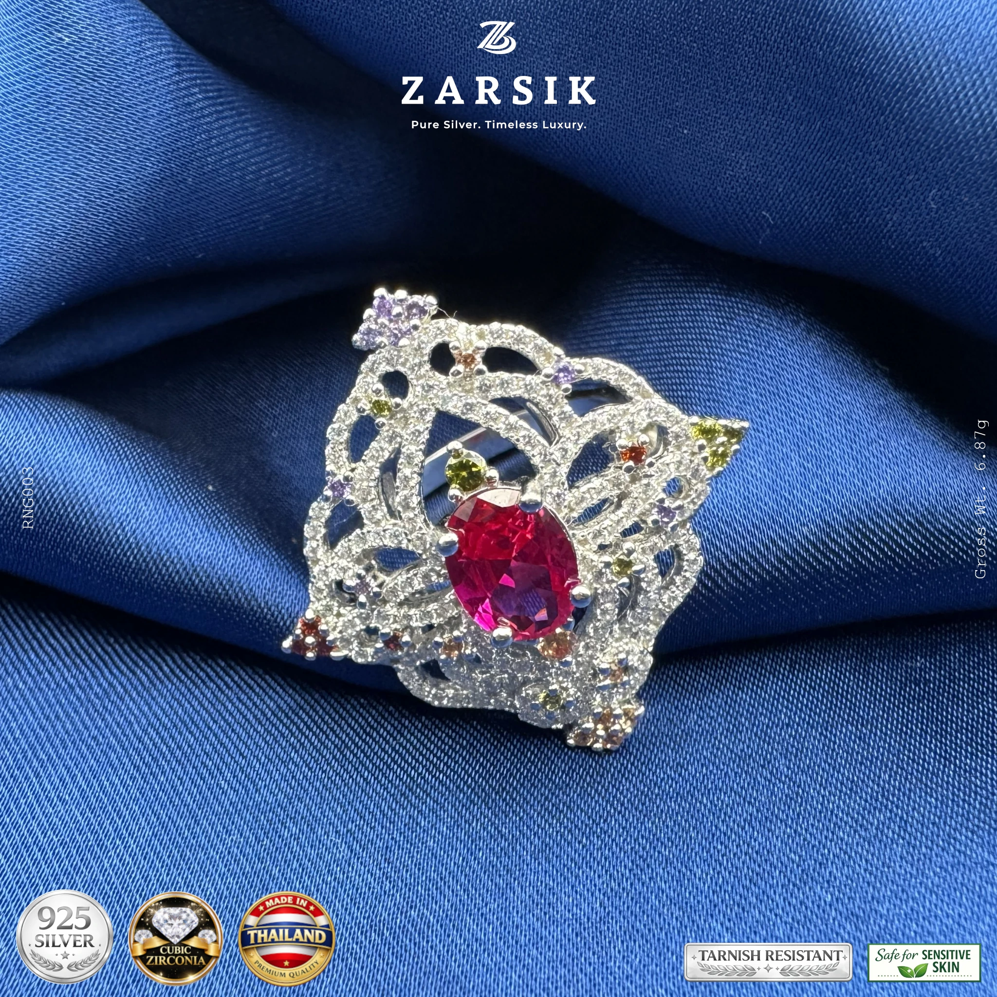 925 Silver Statement Ring with Cubic Zirconia and Coloured Stones