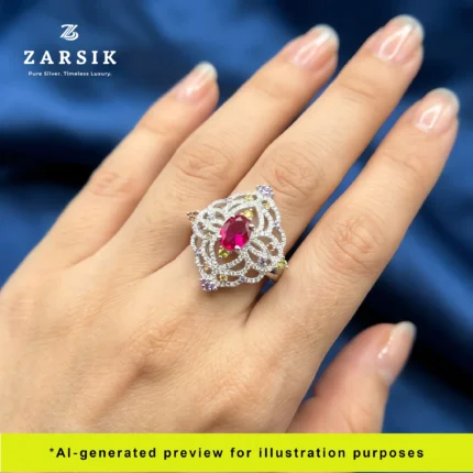 Woman wearing 925 sterling silver statement ring with colourful stone, elegant fashion jewellery styling for special occasions