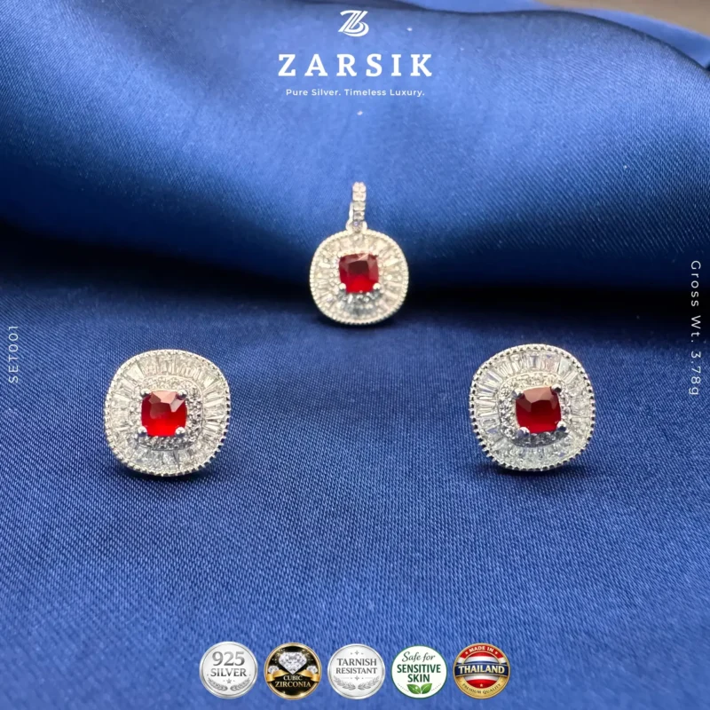 Ruby Red stone 925 silver jewellery set