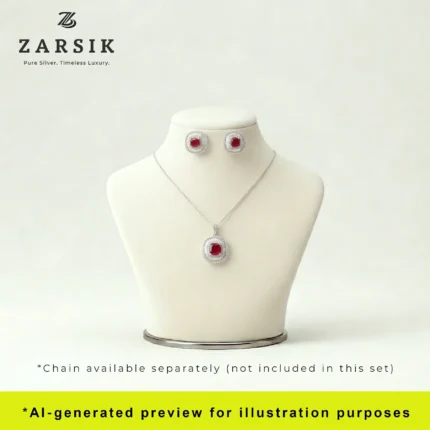Ruby Red Stone 925 Silver Jewellery Set displayed on a white dummy