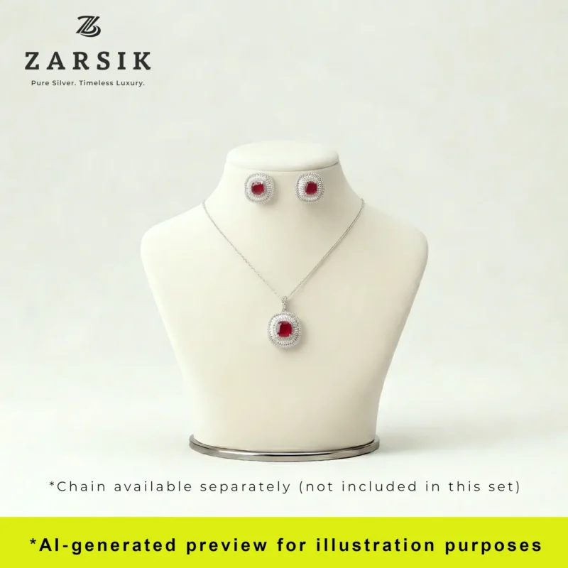 Ruby Red Stone 925 Silver Jewellery Set displayed on a white dummy
