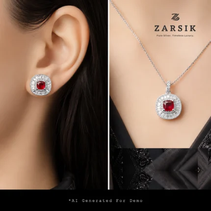 Elegant Ruby Red Stone 925 Silver Jewellery Set Try on