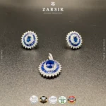 Royal Blue Halo Pendant & Earrings Set in Rhodium Plated 925 Silver – Front View