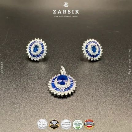 Royal Blue Halo Pendant & Earrings Set in Rhodium Plated 925 Silver – Front View