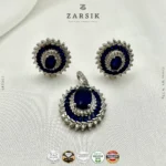 Royal Blue Halo Cluster Pendant & Earrings Set in Rhodium Plated 925 Silver - Image 5