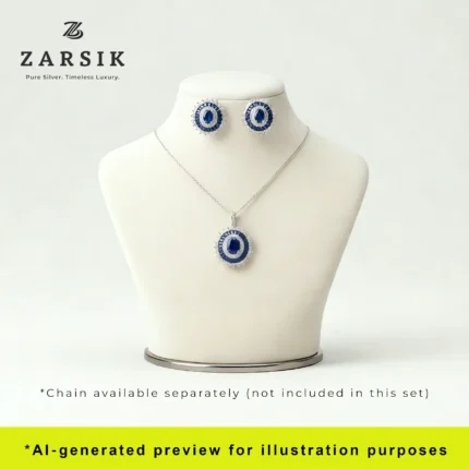 Royal Blue Halo Cluster Pendant & Earrings Set displayed on dummy