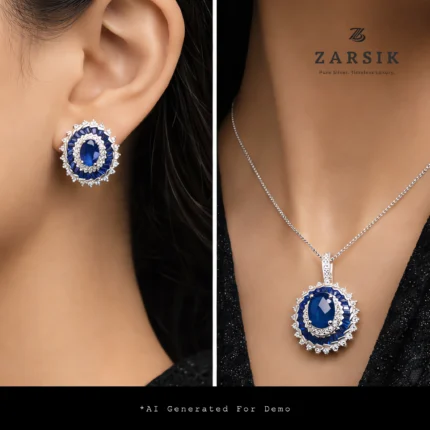 Royal Blue Halo Cluster Pendant & Earrings Set Try On