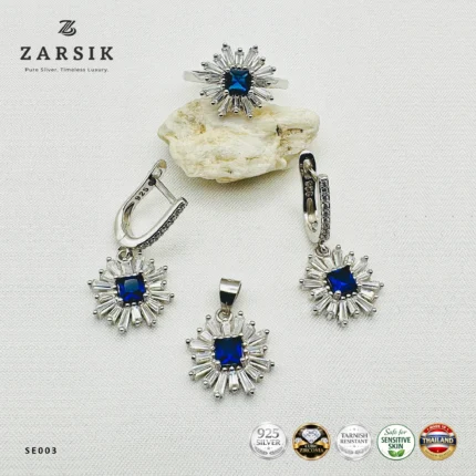 Royal Blue Jewellery Set with Cubic Zirconia in 925 Silver