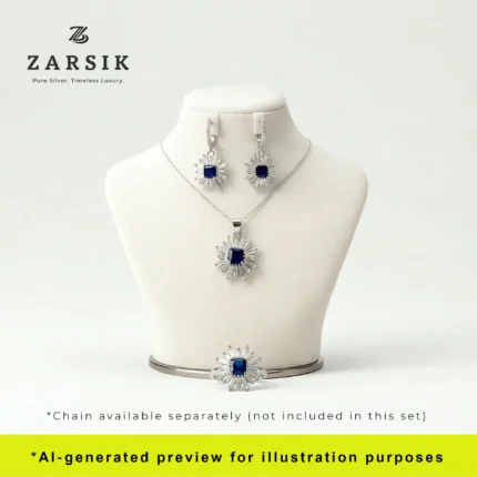 Midnight Sunburst 925 Sterling Silver Jewellery Set displayed on a while dummy
