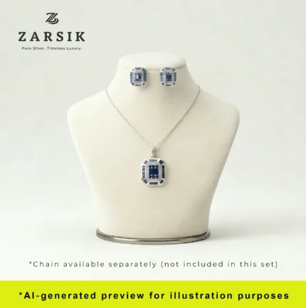 Art Deco 925 Sterling Silver Royal Blue Sapphire & CZ Jewelry Set displayed on white dummy