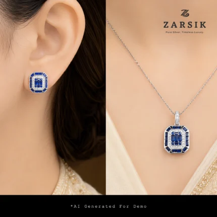 925 Silver Royal Blue Sapphire and CZ Jewelry Set Try On