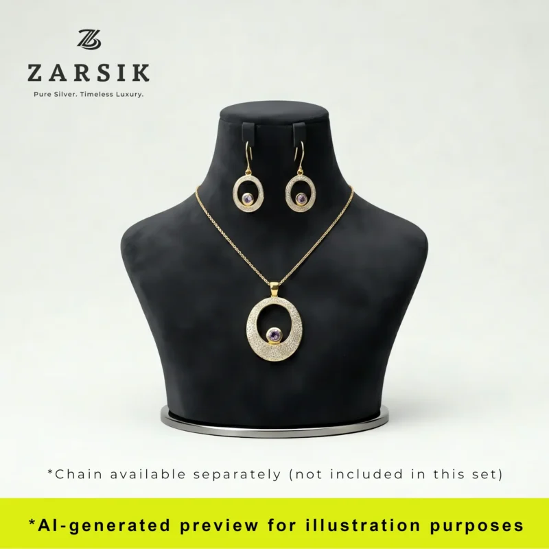925 Silver Gold Plated Real Diamond Halo Jewelry Set displayed on dummy