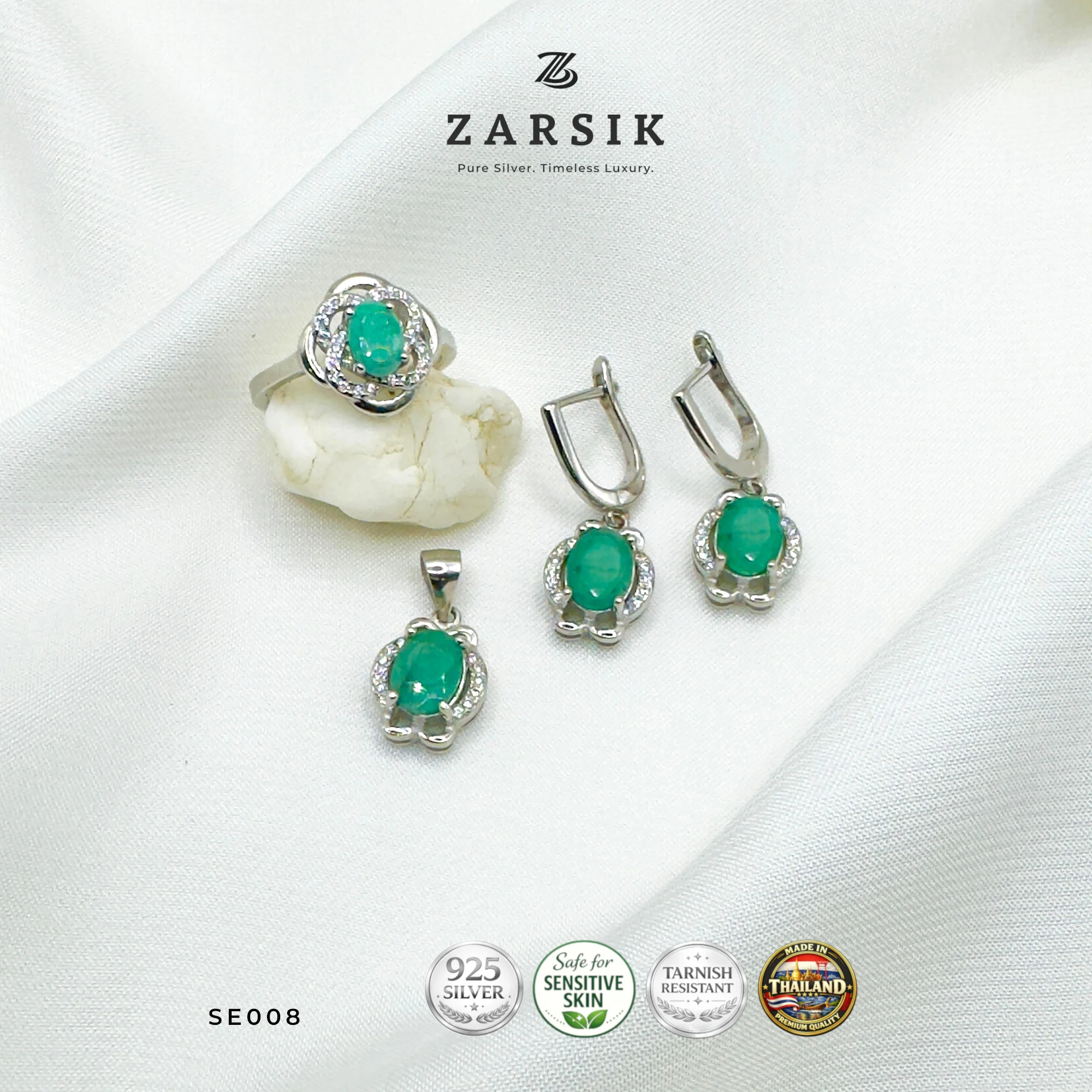 SE008 - Natural Emerald Jewelry Set in Rhodium-Plated 925 Sterling Silver Natural Emerald Jewelry Set in Rhodium-Plated 925 Sterling Silver