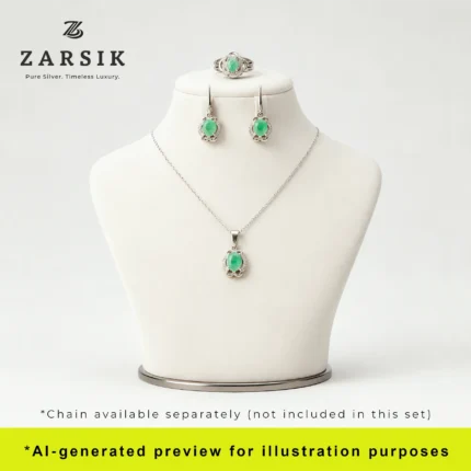 Natural Emerald Jewelry Set in Rhodium-Plated 925 Sterling Silver displayed on a white dummy