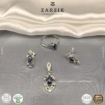 Natural Sapphire and Marcasite Jewelry Set - 925 Sterling Silver - Image 4