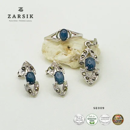 Natural Sapphire and Marcasite Jewelry Set - 925 Sterling Silver