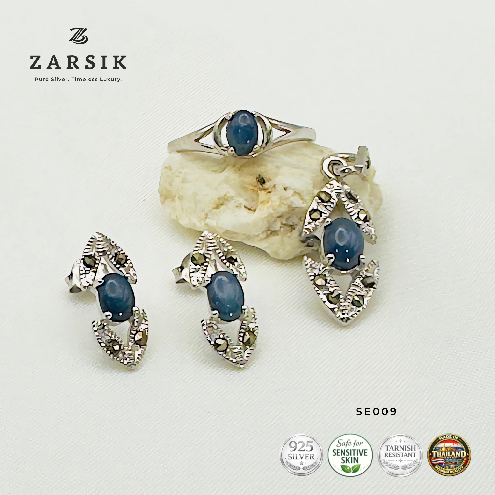 SE009 - Natural Sapphire and Marcasite Jewelry Set - 925 Sterling Silver Natural Sapphire and Marcasite Jewelry Set - 925 Sterling Silver