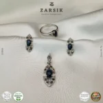 Natural Sapphire and Marcasite Sterling Silver Jewelry Set