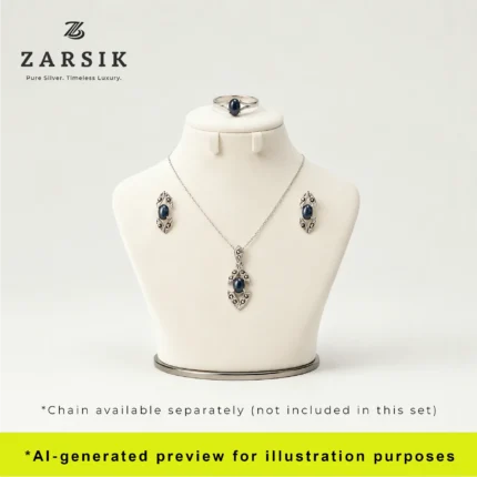 Natural Sapphire & Marcasite Sterling Silver Jewelry Set displayed on dummy