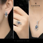 Natural Sapphire and Marcasite Sterling Silver Jewelry Set Try On