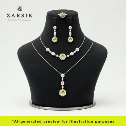 925 Silver Multi-Color Hexagon Cubic Zirconia Jewelry Set displayed on a dummy