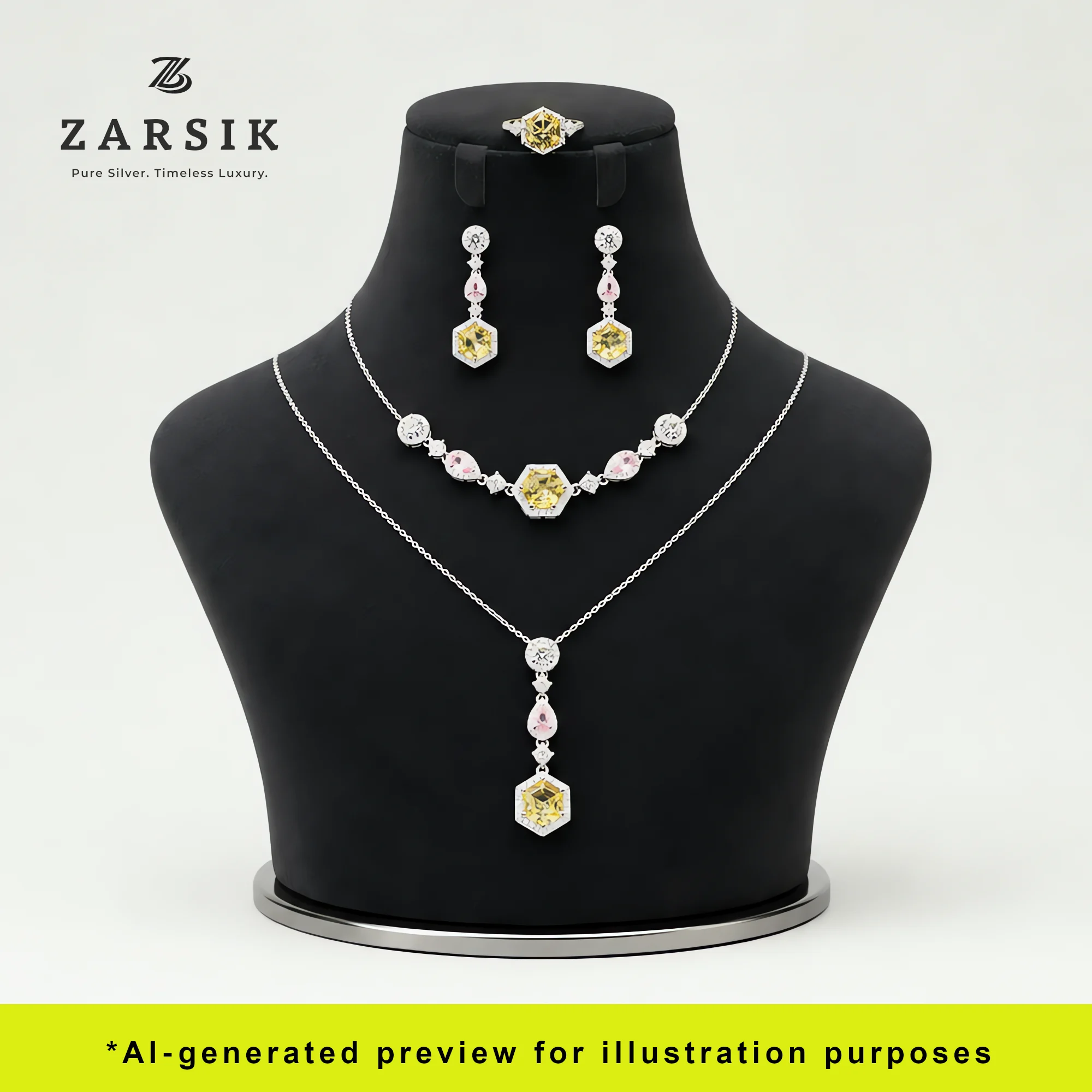 925 Silver Multi-Color Hexagon Cubic Zirconia Jewelry Set 925 Silver Multi-Color Hexagon Cubic Zirconia Jewelry Set displayed on a dummy