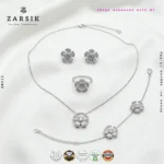 4-piece 925 Sterling Silver floral jewelry set featuring a pavé Cubic Zirconia blossom necklace, bracelet, ring, and stud earrings.