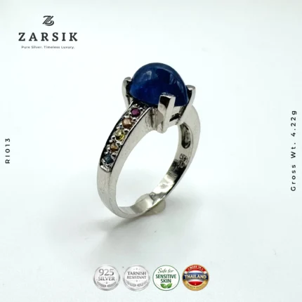 Genuine Blue Sapphire and Multi Colored Garnet Ring – Rhodium Plated 925 Silver