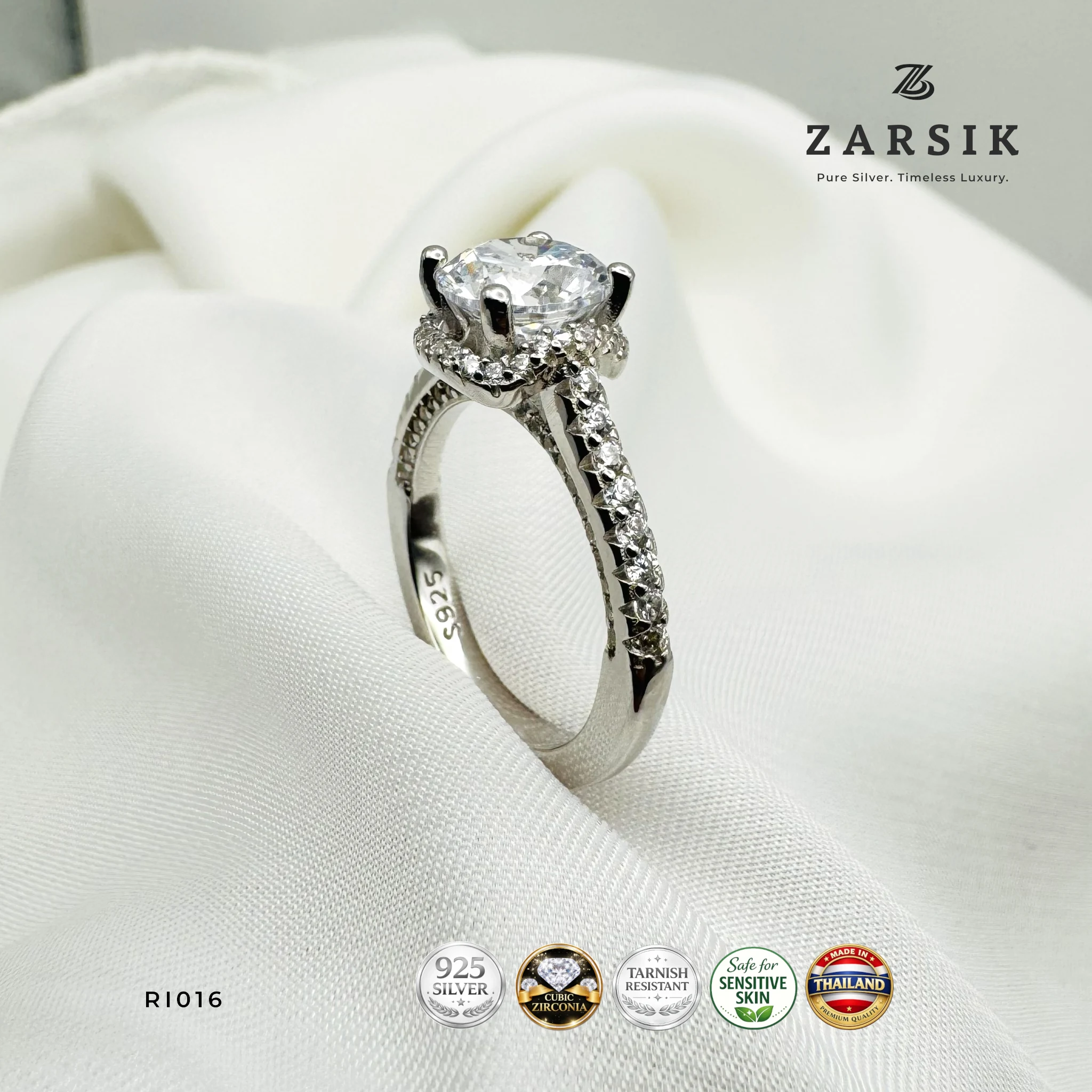 RI016 - 925 Sterling Silver Cubic Zirconia Solitaire Ring 925 Sterling Silver Cubic Zirconia Solitaire Ring