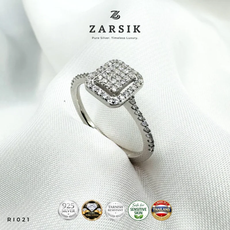 Geometric Rectangular Halo Cubic Zirconia Ring