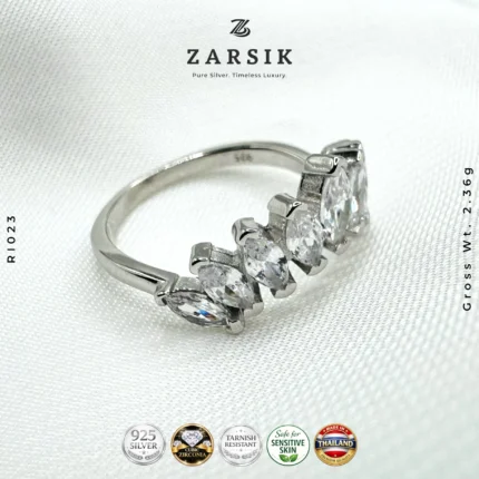 Curved Crown Ring with Sparkling Cubic Zirconia – Rhodium Plated 925 Silver | Thailand