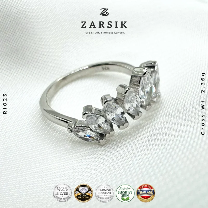 Curved Crown Ring with Sparkling Cubic Zirconia – Rhodium Plated 925 Silver | Thailand