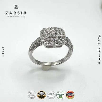 Double Halo Square Cluster 925 Silver Ring – Rhodium Plated Thai‑Made CZ Ring