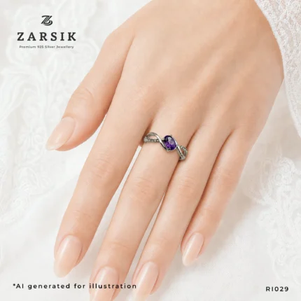 Amethyst 925 Silver Ring on hand with cubic zirconia accents and twisted silver band by ZARSIK