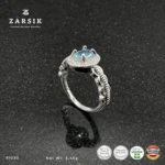 Blue Topaz 925 Silver Ring with cubic zirconia halo and rhodium-plated sterling silver band