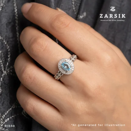 Blue Topaz 925 Silver Ring with oval blue topaz and cubic zirconia accents by ZARSIK