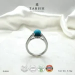 Turquoise 925 Silver Ring RI028 with oval blue centre stone, CZ halo and rhodium-plated sterling silver band by ZARSIK