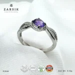 Amethyst 925 Silver Ring RI029 with cubic zirconia accents and rhodium-plated sterling silver twisted band by ZARSIK