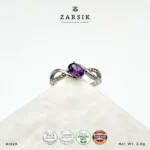 Amethyst 925 Silver Ring RI029 with cubic zirconia accents and rhodium-plated sterling silver twisted band by ZARSIK