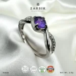 Amethyst 925 Silver Ring RI029 with cubic zirconia accents and rhodium-plated sterling silver twisted band by ZARSIK