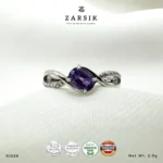 Amethyst 925 Silver Ring RI029 with cubic zirconia accents and rhodium-plated sterling silver twisted band by ZARSIK