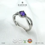Amethyst 925 Silver Ring RI029 with cubic zirconia accents and rhodium-plated sterling silver twisted band by ZARSIK